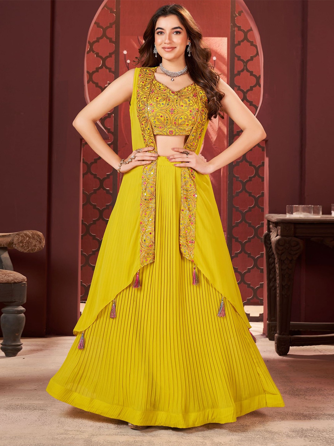 

KALINI Embroidered Sequinned Ready to Wear Lehenga & Blouse With Shrug, Mustard