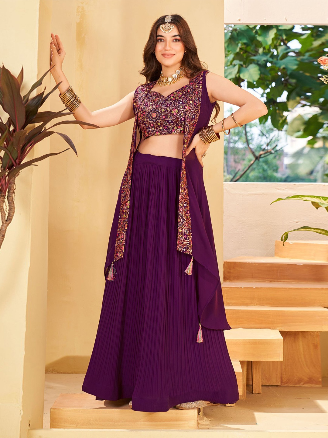 

KALINI Embroidered Sequinned Ready to Wear Lehenga & Blouse With Shrug, Burgundy