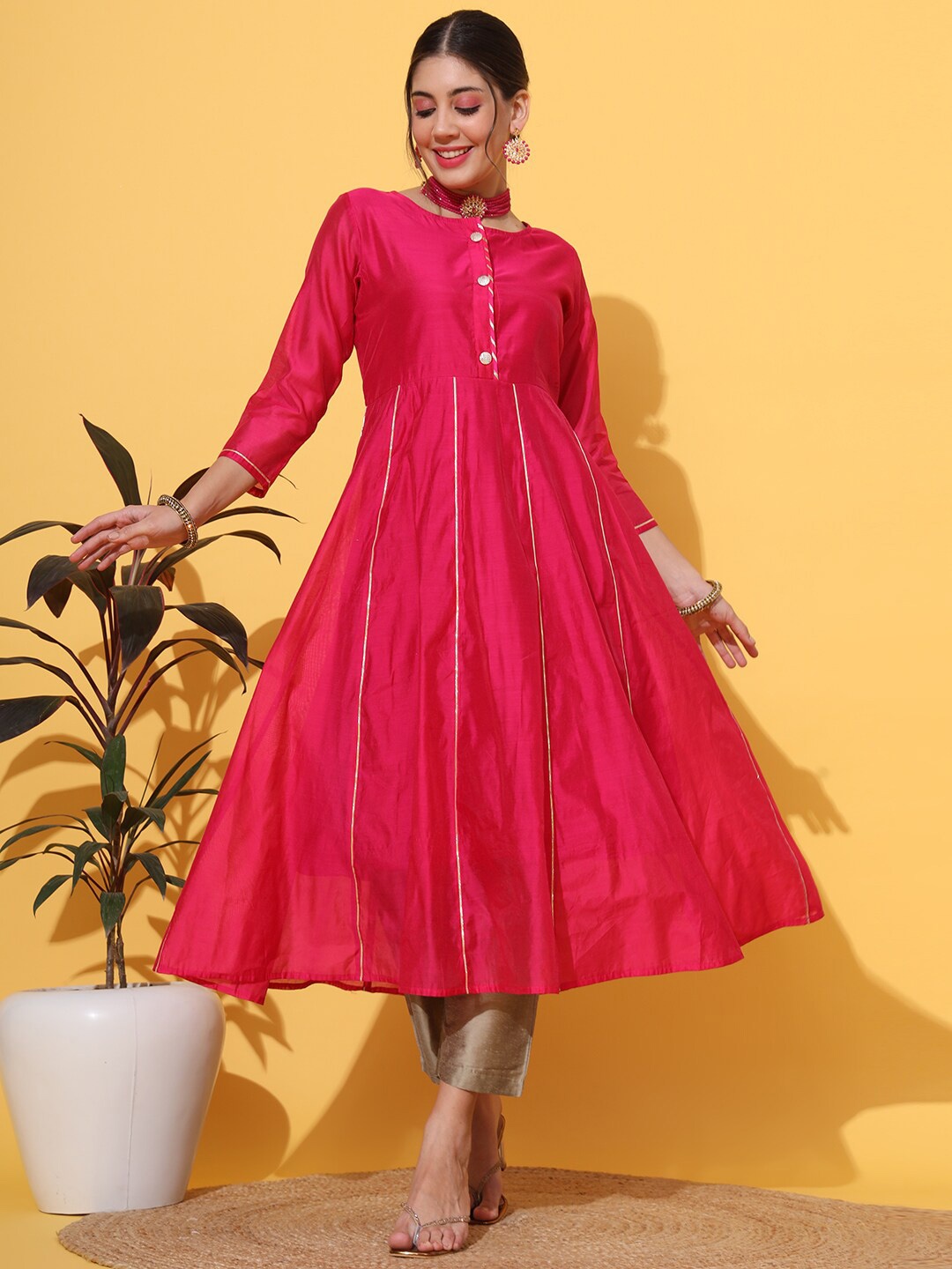 

DECKEDUP Gotta Patti Chanderi Cotton Anarkali Kurta, Magenta