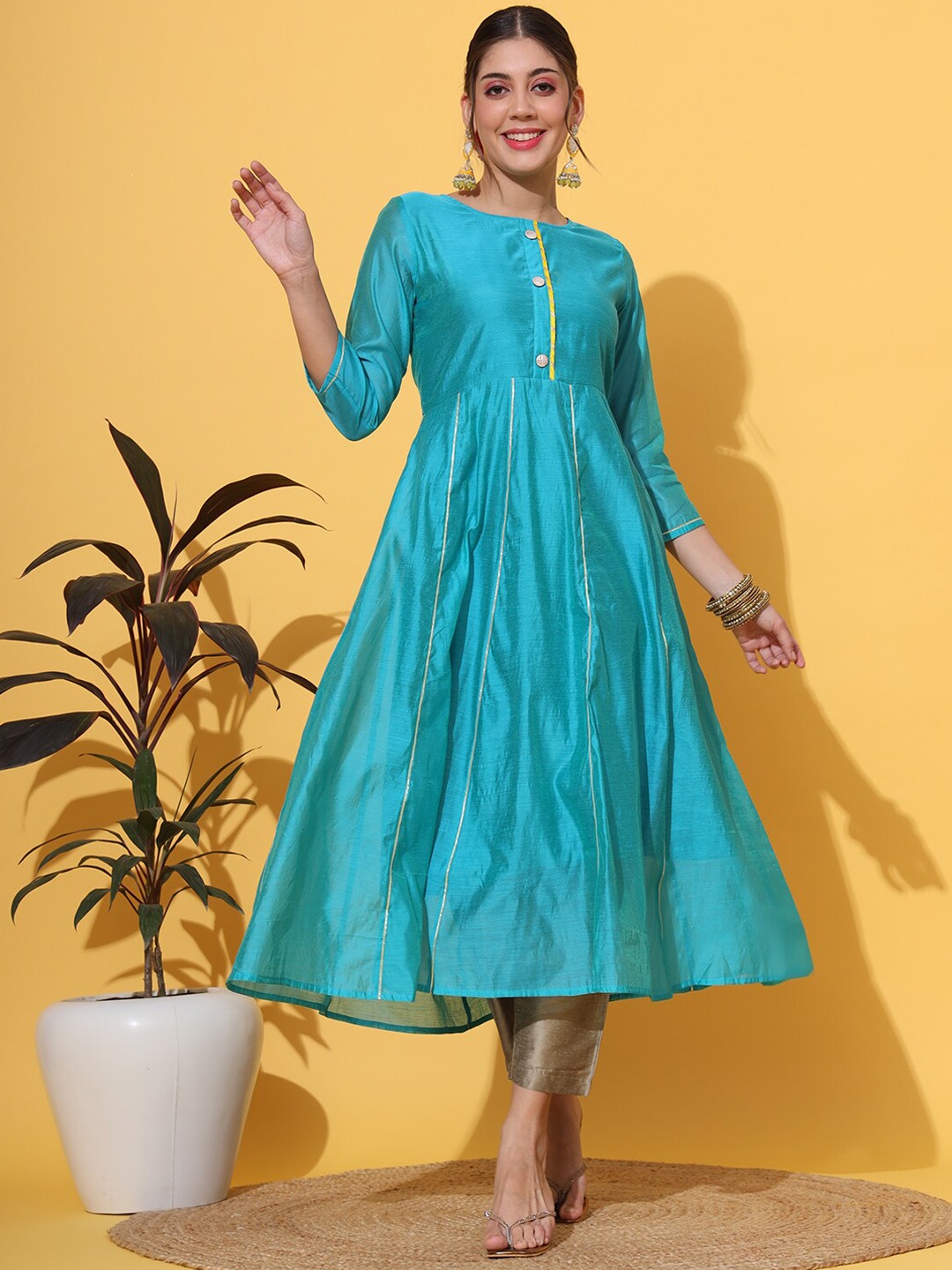 

DECKEDUP Gotta Patti Chanderi Cotton Anarkali Kurta, Turquoise blue