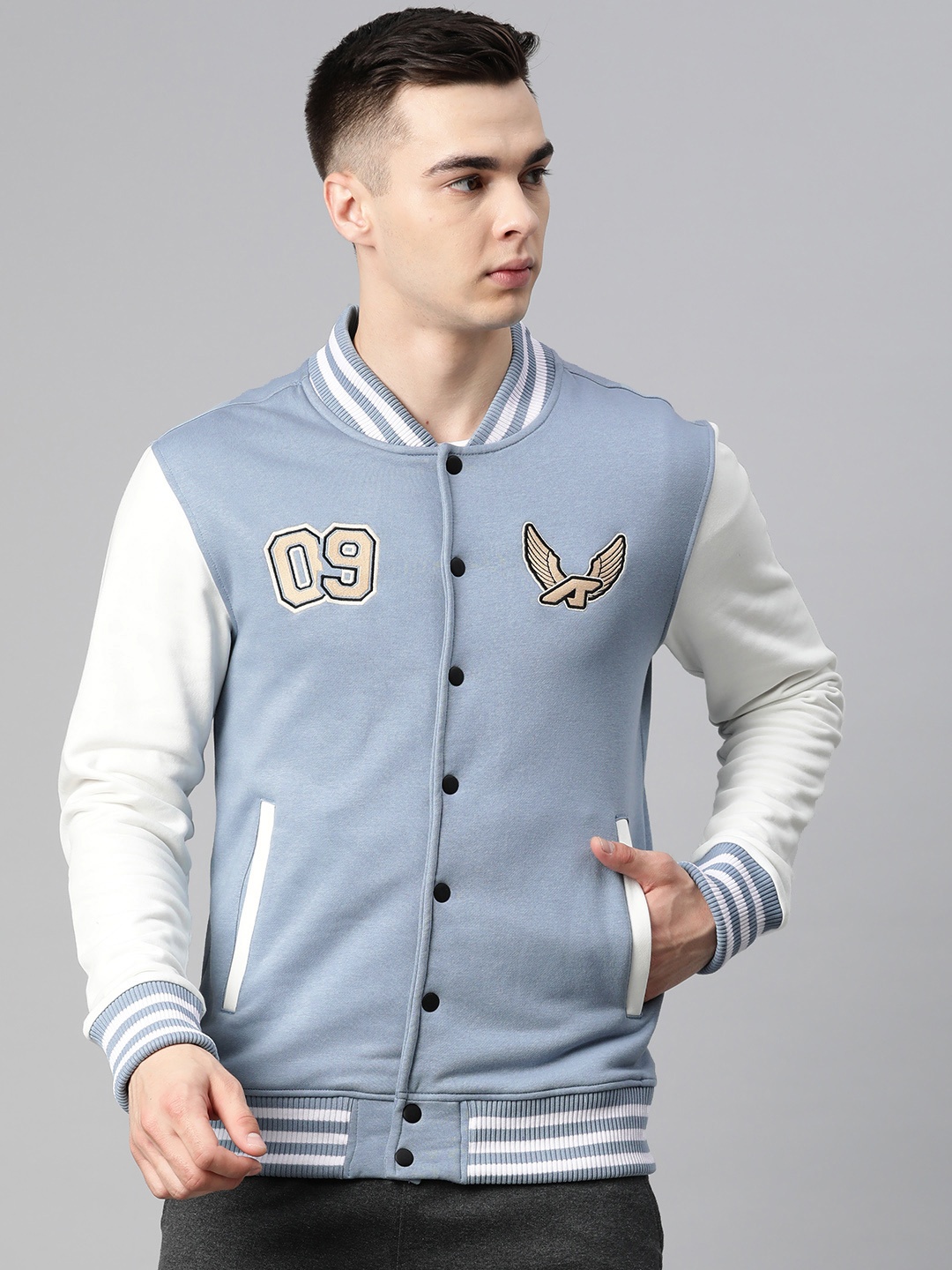 

Alcis Men Typography Printed Varsity Jacket, Turquoise blue