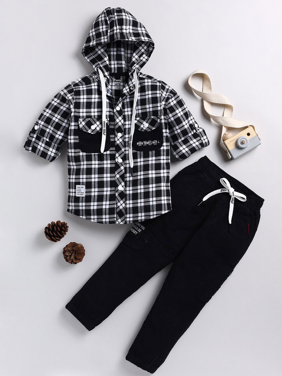 

Toonyport Boys Checked Pure Cotton Hooded Shirt With Trousers, Black