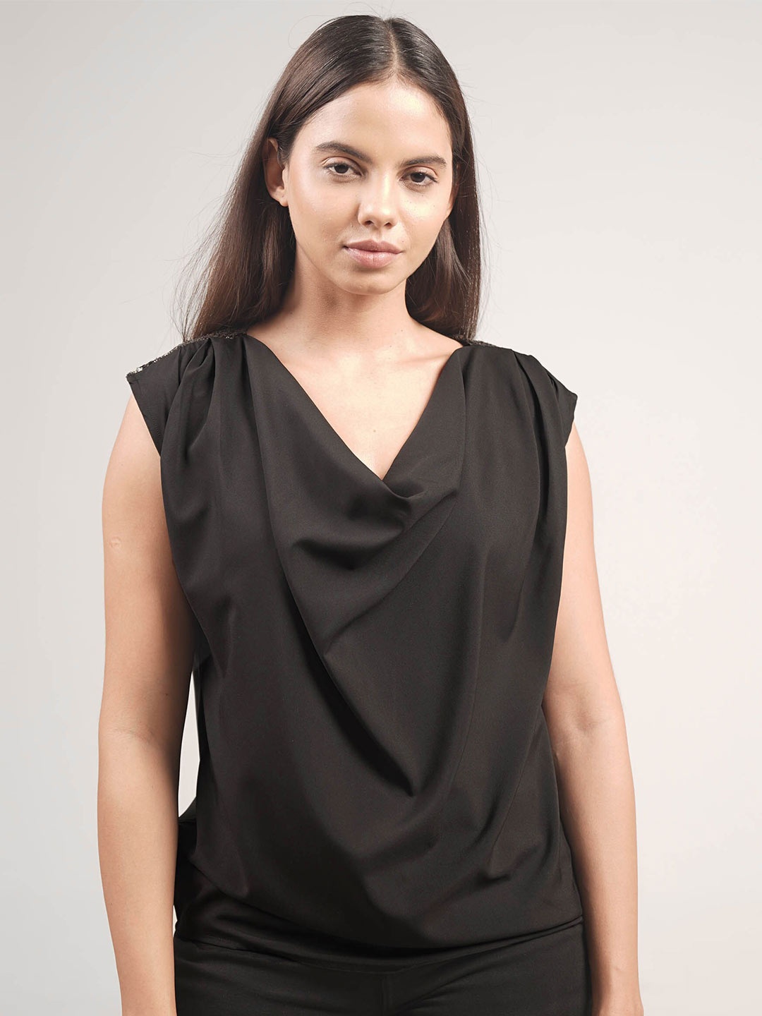 

IDK Cowl Neck Cap Sleeves Sequinned Regular Top, Black