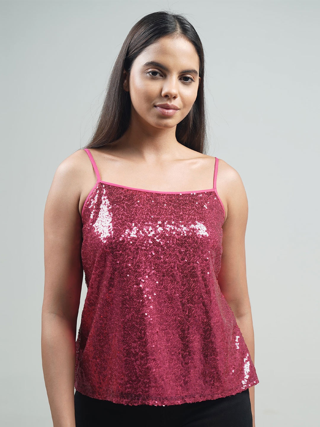 

IDK Embellished Shoulder Straps Sleeveless Sequinned Regular Top, Pink