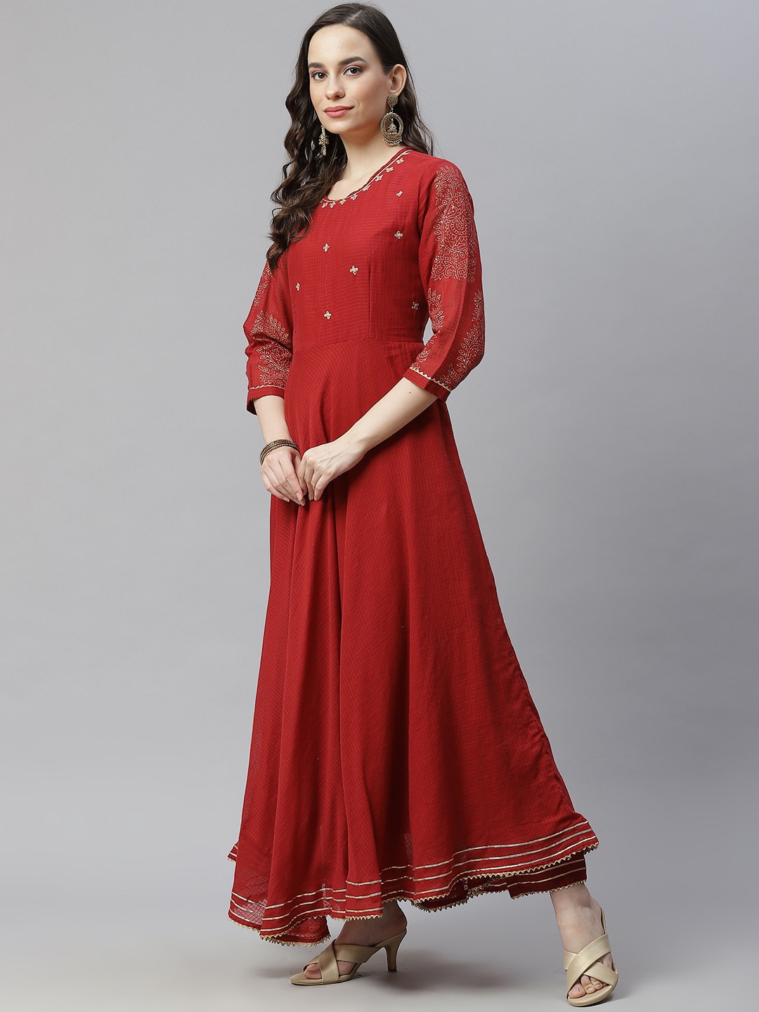 

Hatheli Ethnic Motifs Embroidered Cotton Anarkali Kurta With Dupatta, Maroon