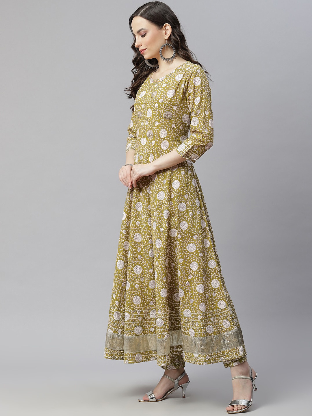 

Hatheli Floral Printed Pure Cotton Anarkali Kurta, Green