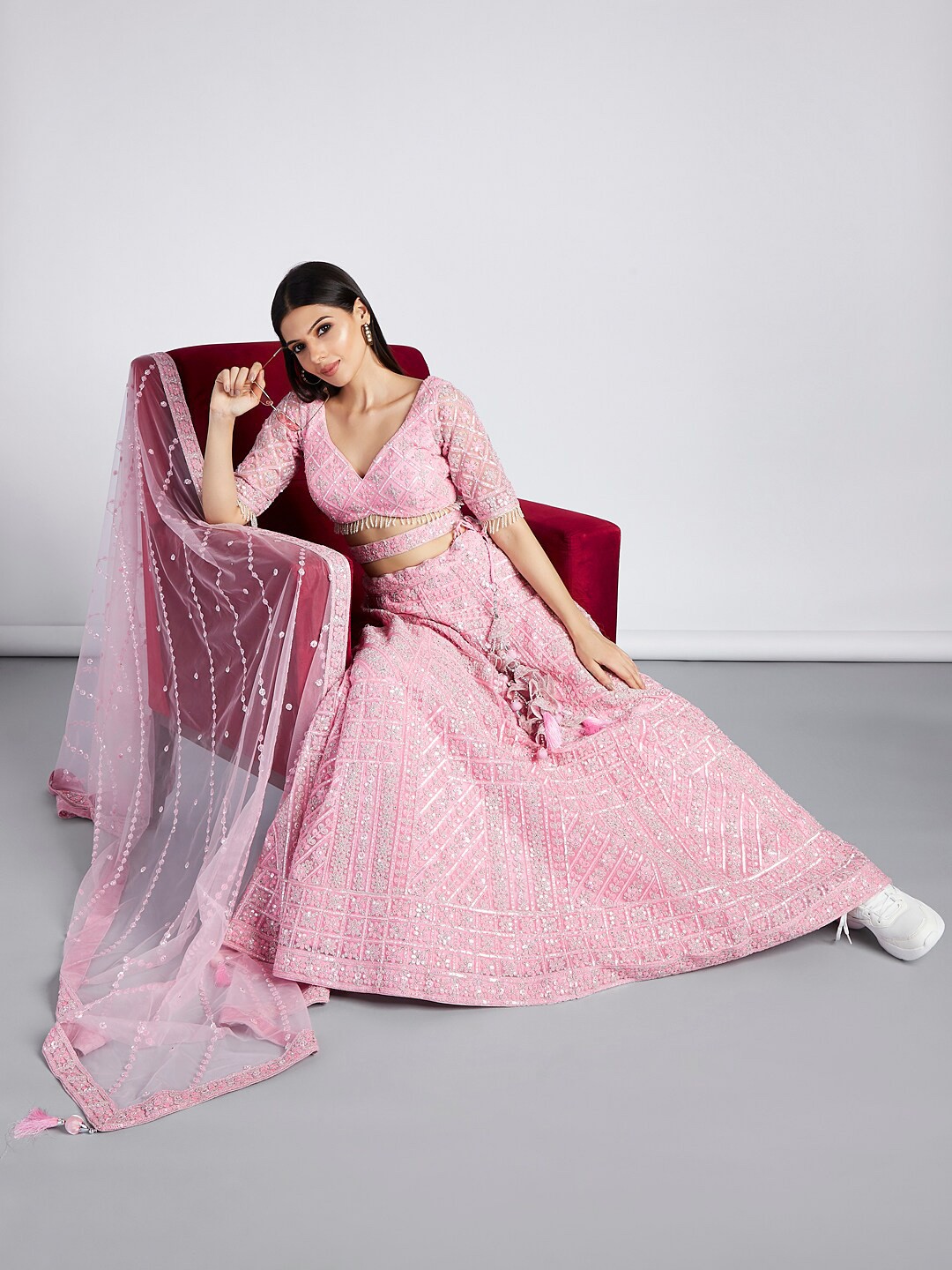 

panchhi Embroidered Sequinned Semi-Stitched Lehenga & Unstitched Blouse With Dupatta, Pink
