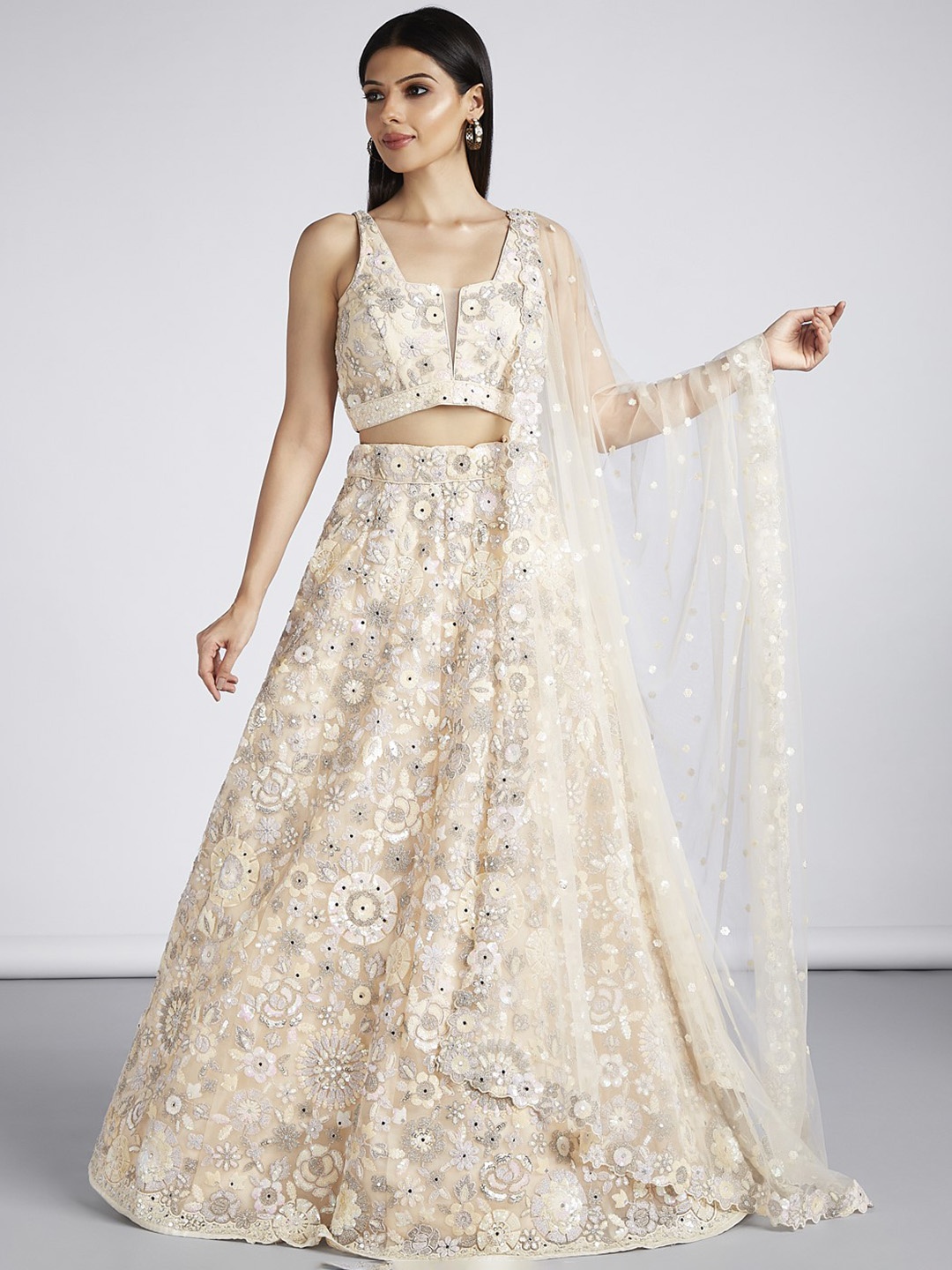 

panchhi Embroidered Sequinned Semi-Stitched Lehenga & Unstitched Blouse With Dupatta, Cream