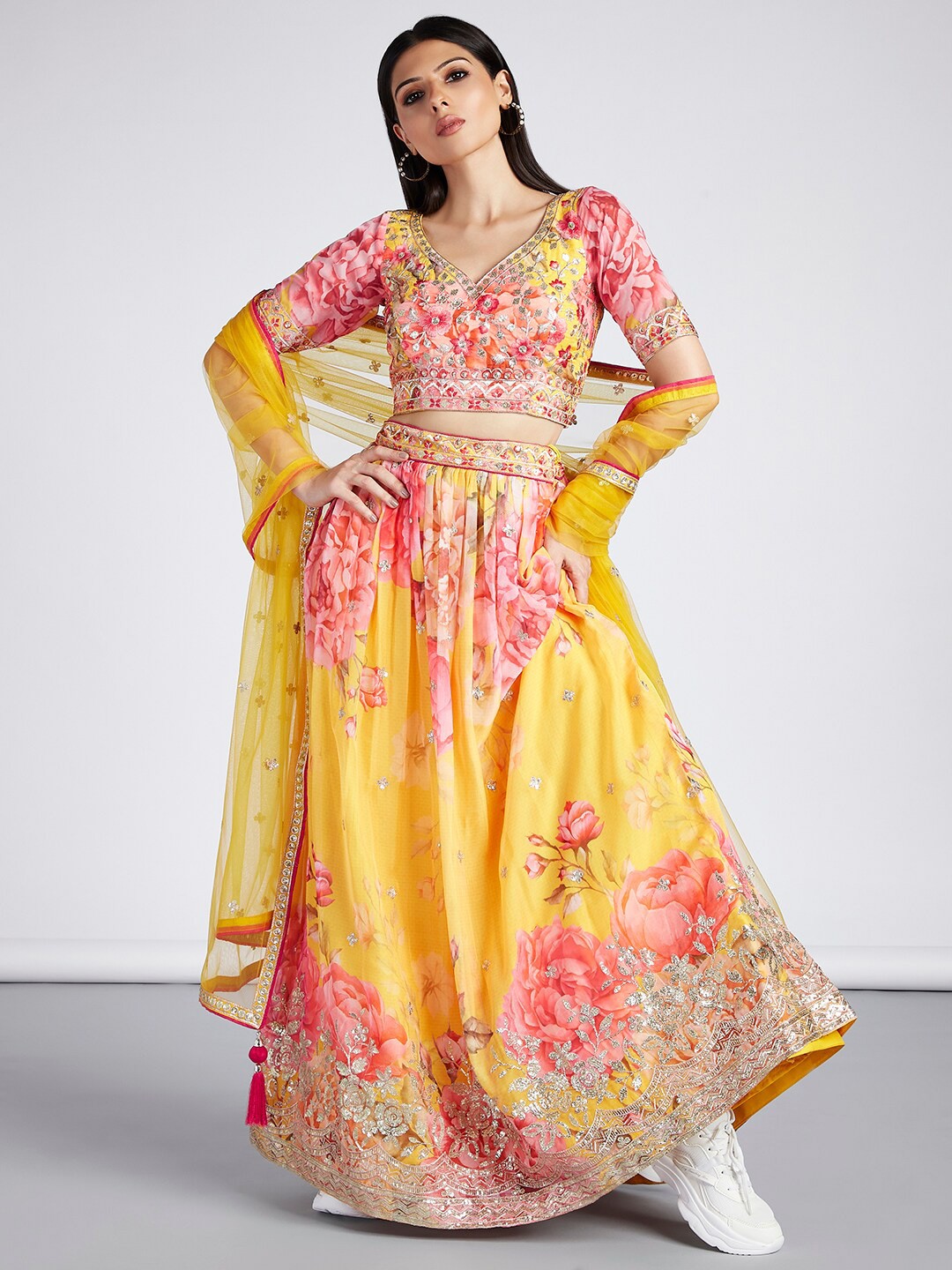 

panchhi Embroidered Sequinned Semi-Stitched Lehenga & Unstitched Blouse With Dupatta, Yellow