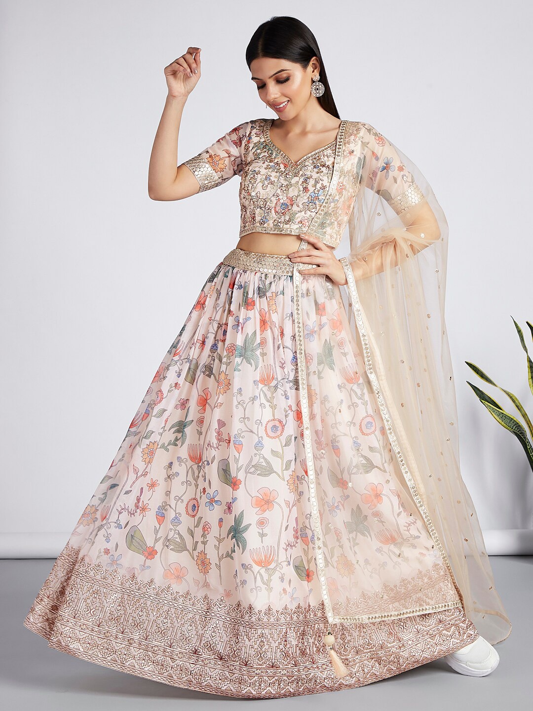 

panchhi Embroidered Sequinned Semi-Stitched Lehenga & Unstitched Blouse With Dupatta, Cream