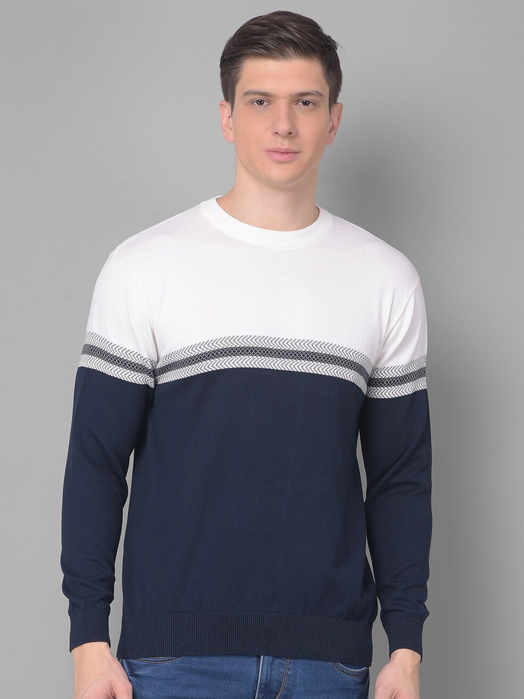 

COBB Colourblocked Round Neck Acrylic Pullover, Navy blue