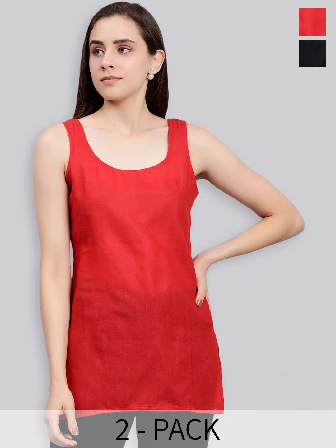

Seva Chikan Pack Of 2 Cotton Cover Up Camisole, Red