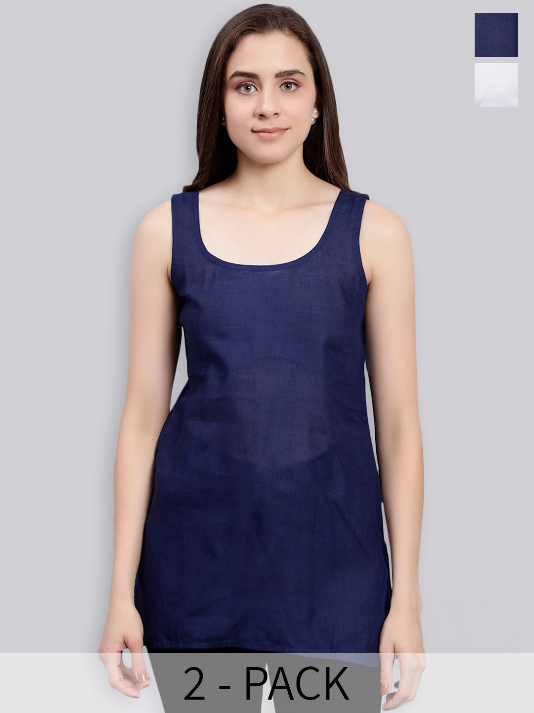 

Seva Chikan Pack Of 2 Cotton Cover Up Camisole, Navy blue