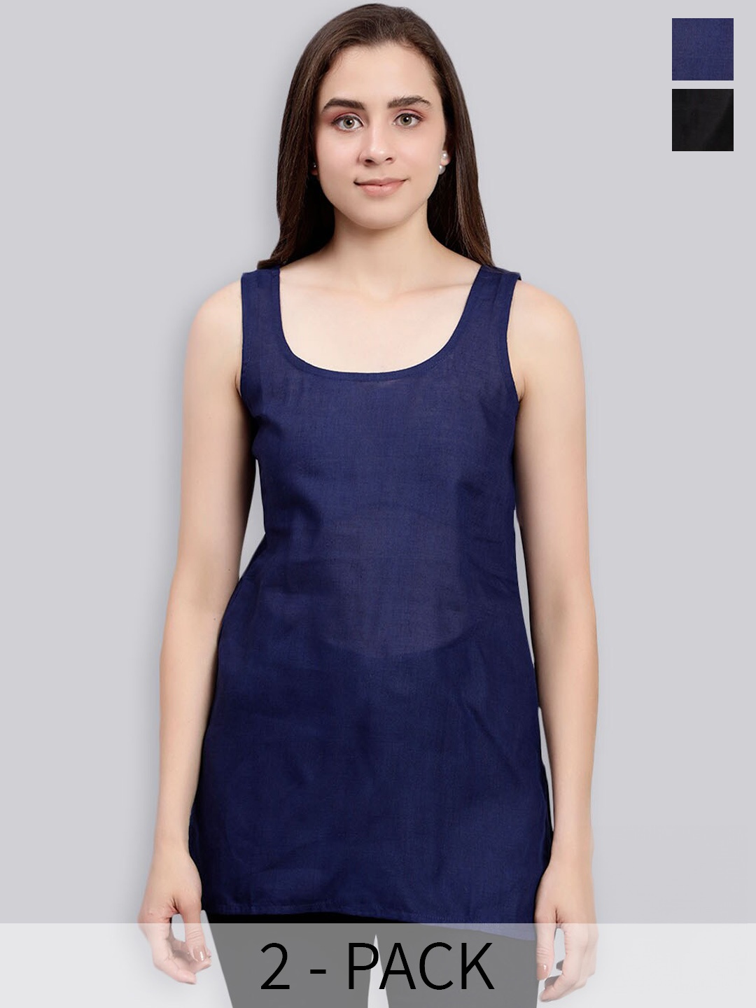 

Seva Chikan Pack Of 2 Cotton Cover Up Camisole, Navy blue