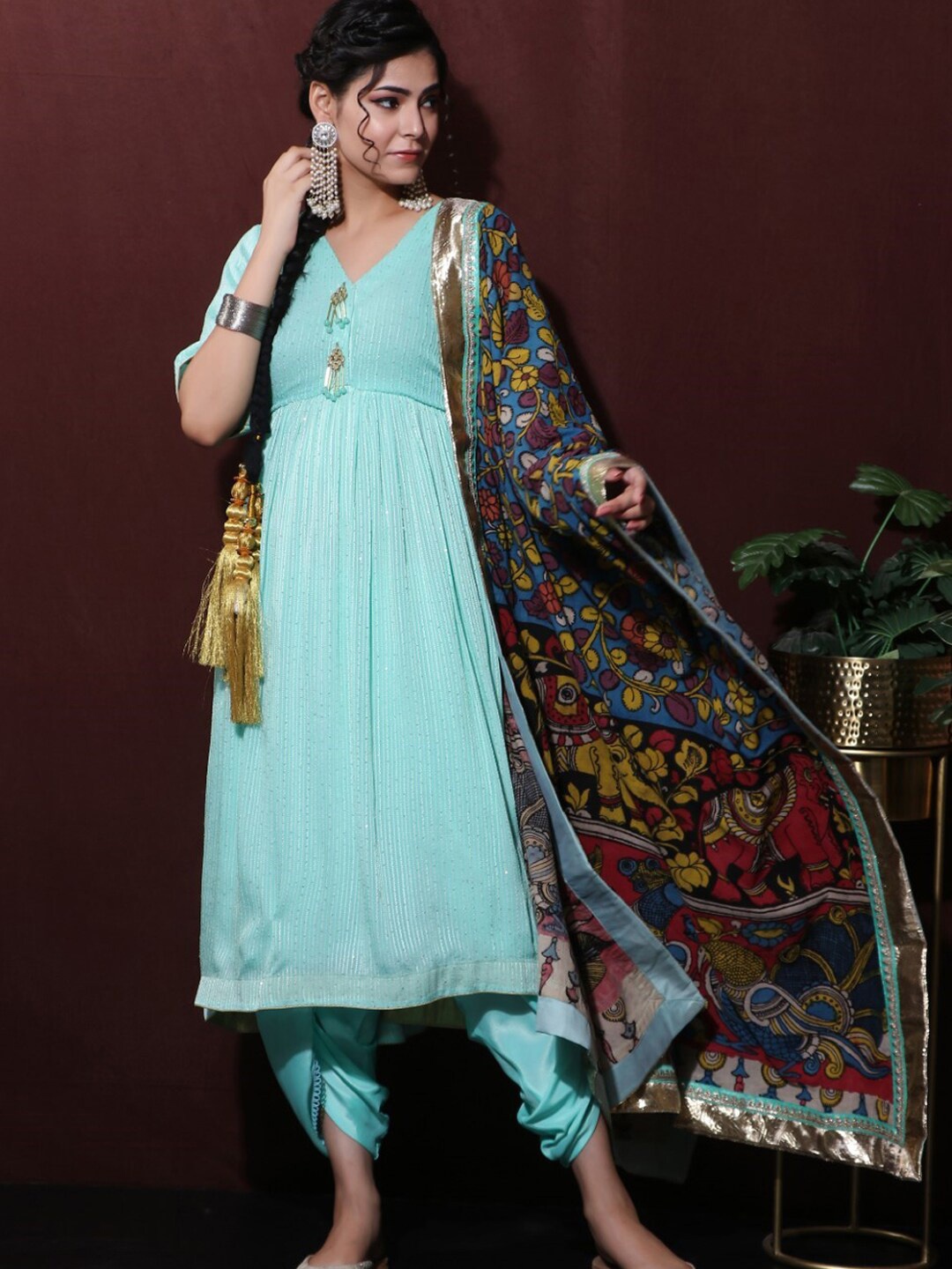 

Trinjann Ethnic Motifs Embroidered Sequinned Pure Cotton Kurta with Dhoti Pants & Dupatta, Blue