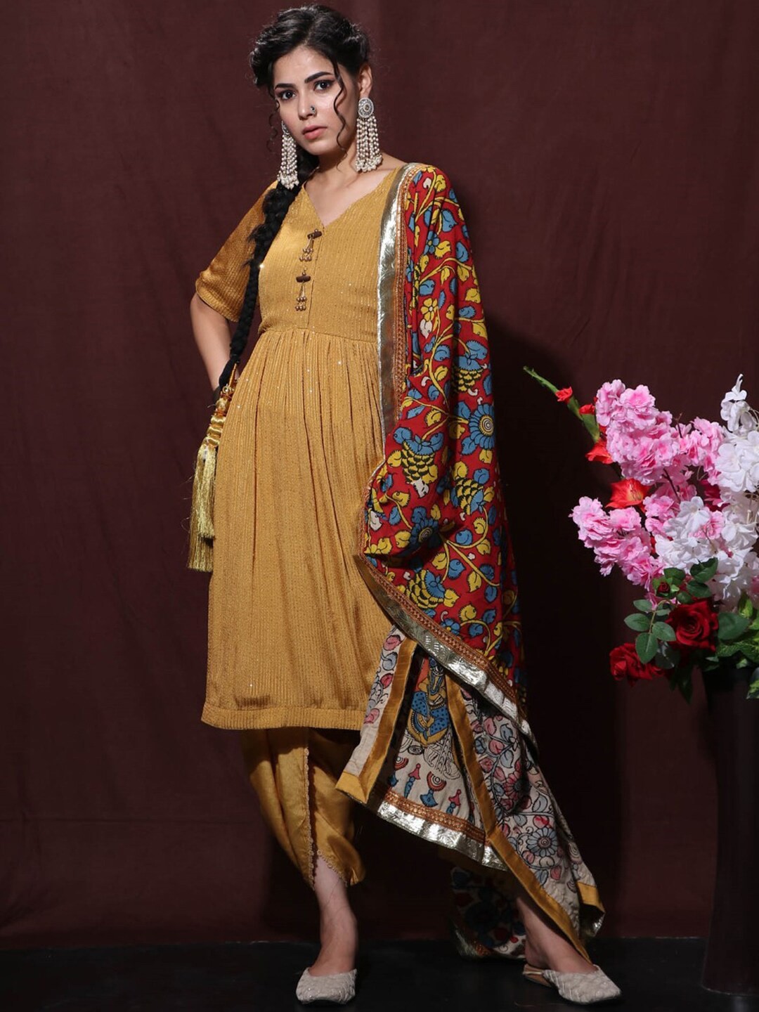 

Trinjann Sequinned Pure Cotton Kurta With Dhoti Pants & Dupatta, Mustard