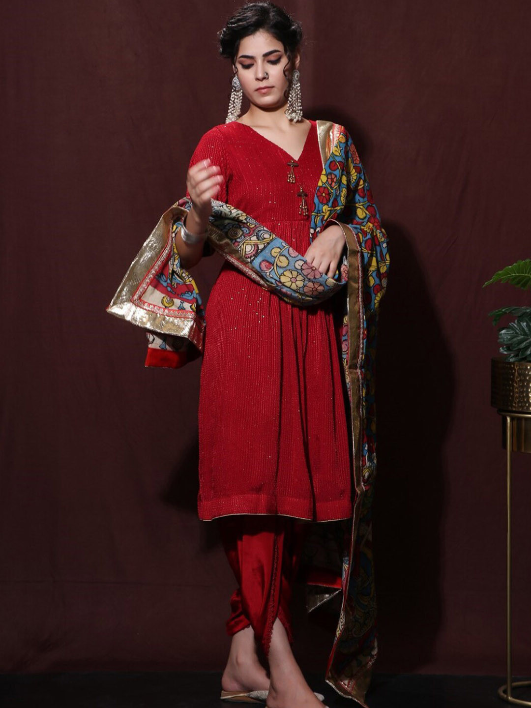 

Trinjann Striped Embroidered Pure Cotton A-Line Kurta with Dhoti Pants & With Dupatta, Red