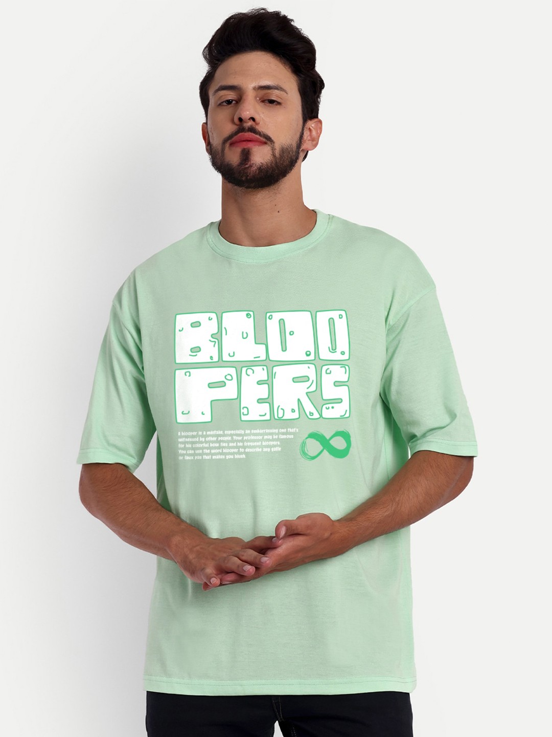 

Bloopers Store Typography Printed Round Neck Oversized Pure Cotton T-shirt, Green