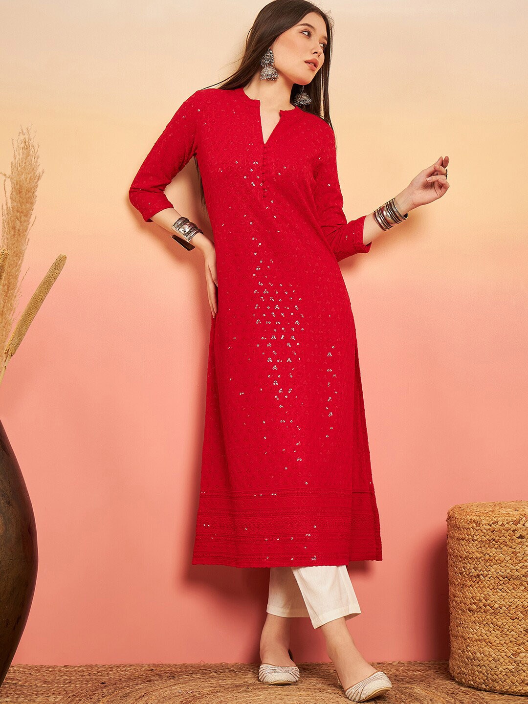 

Sangria Ethnic Motifs Embroidered Sequinned Straight Kurta, Red