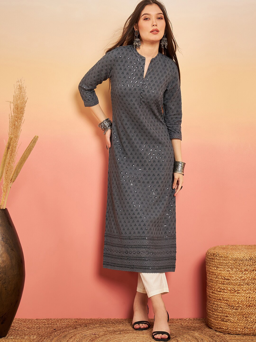 

Sangria Embroidered Sequined Straight Kurta, Grey