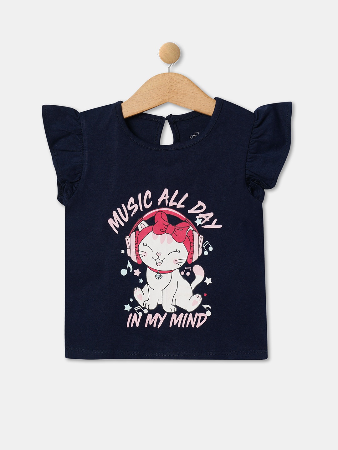 

R&B Girls Graphic Printed Flutter Sleeves Cotton T-shirt, Blue