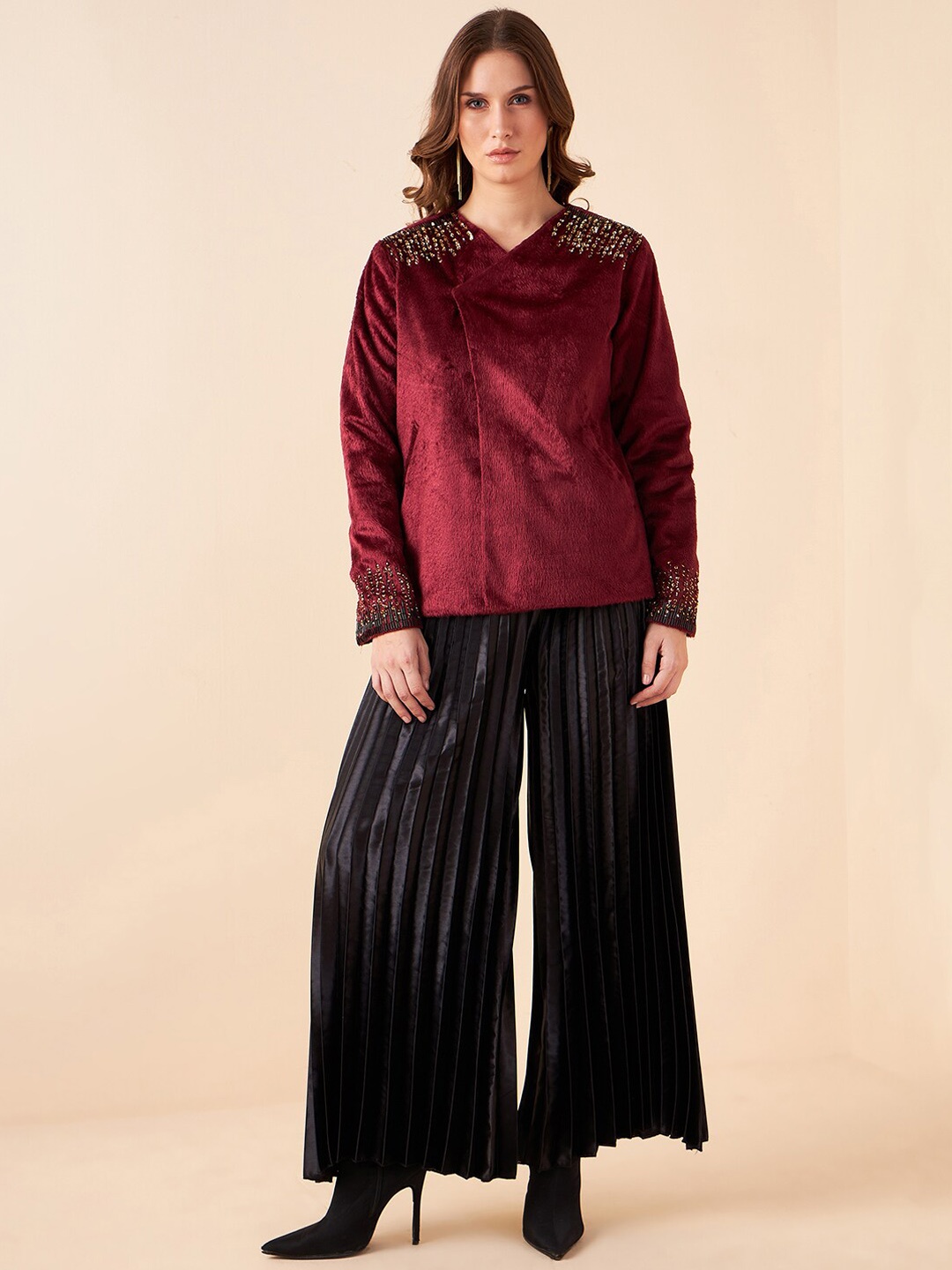 

Antheaa Embellished Jacket With Pleated Palazzos, Maroon