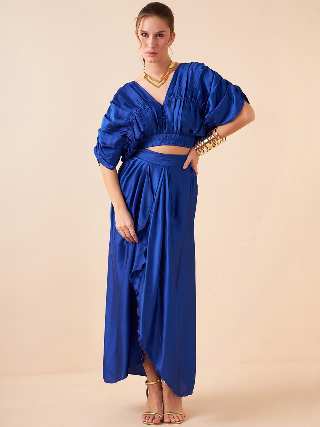 

Antheaa V-Neck Drapped Top & Skirts, Blue