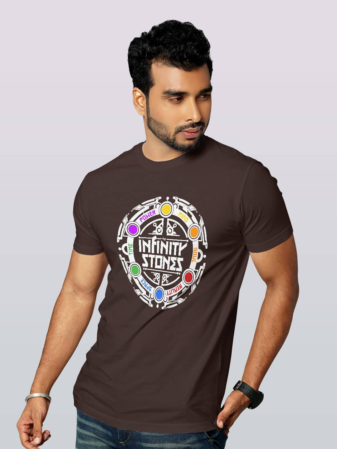 

macmerise The Infinity Stones Printed Bio Finish Cotton T-shirt, Brown