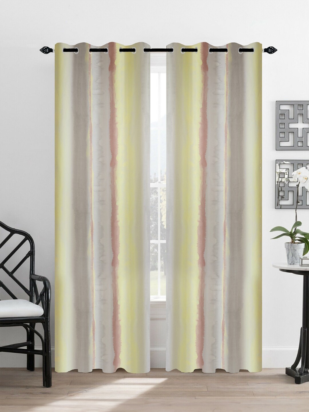 

Tesmare 2 Pcs Yellow & Grey Striped Satin Long Door Curtain