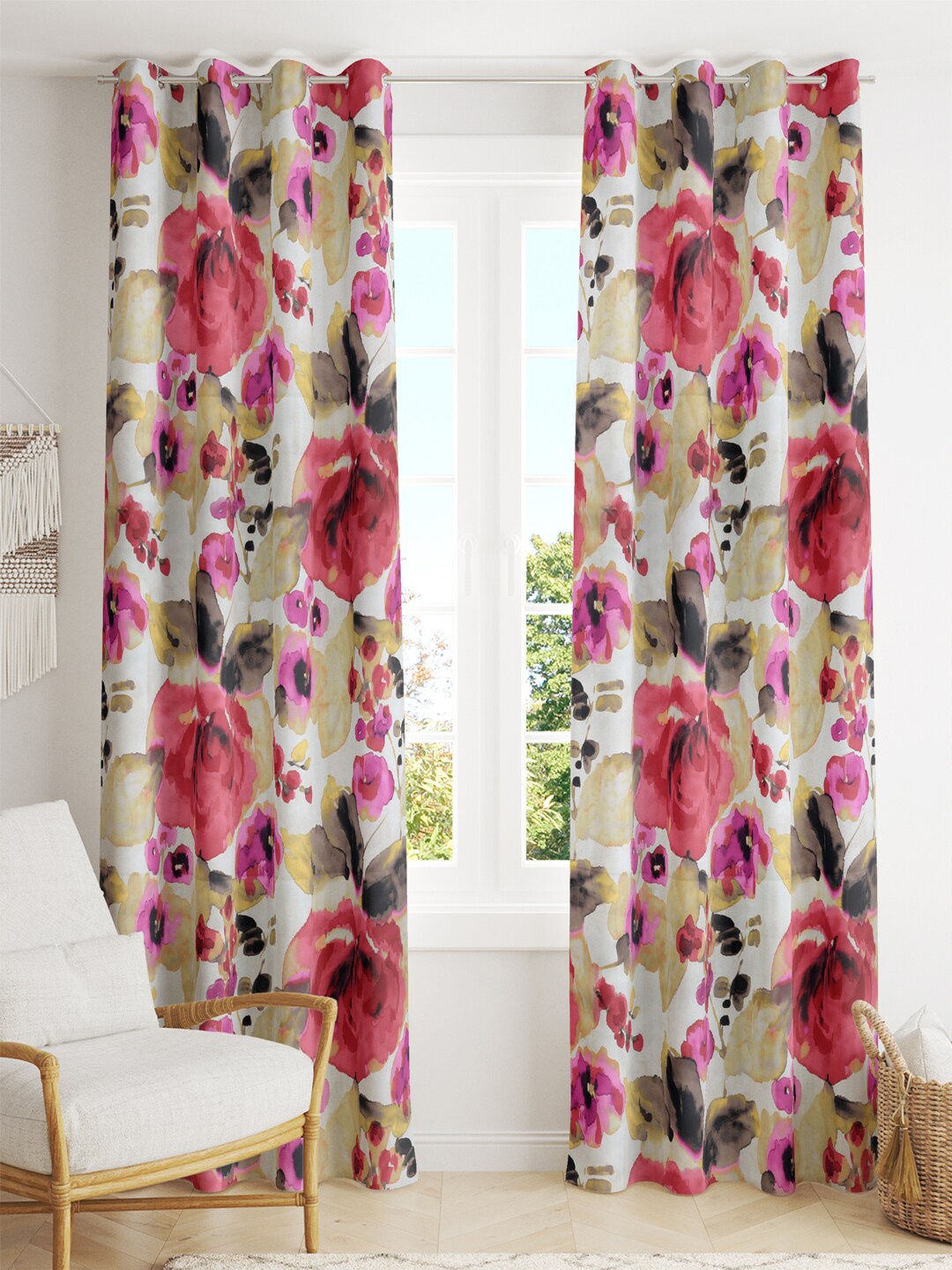 

Tesmare 2 Pcs Beige & Red Floral Long Door Curtain