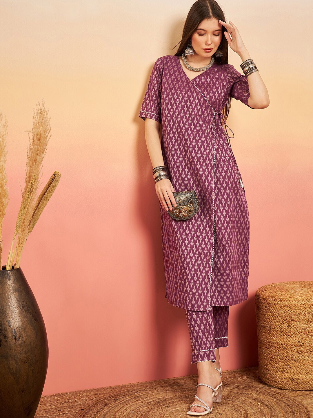 

Sangria Pink Ethnic Motifs Printed Jacquard Angrakha Kurta With Trouser, Purple