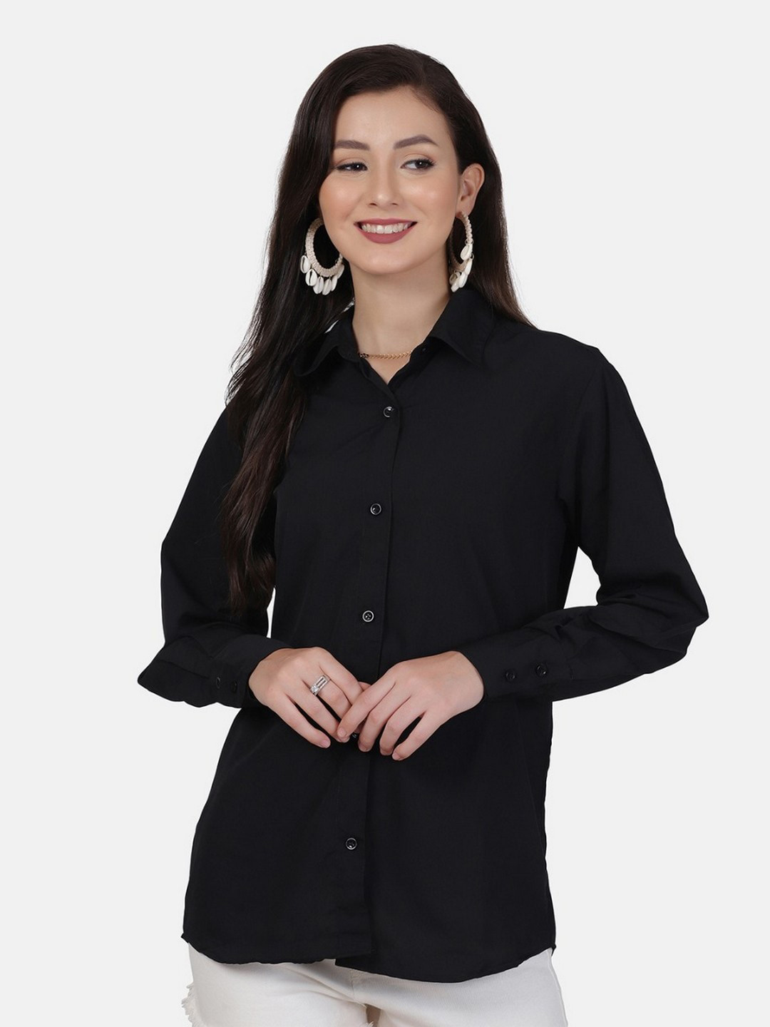 

RIVI Relaxed Oversized Spread Collar Long Sleeves Satin Casual Shirt, Black