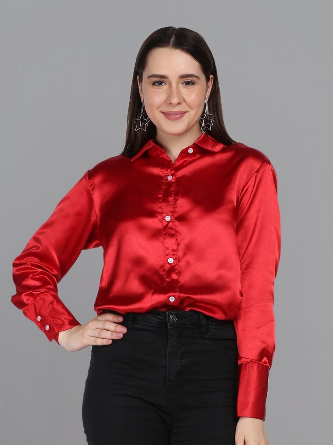 

RIVI Relaxed Oversized Spread Collar Long Sleeves Satin Casual Shirt, Red