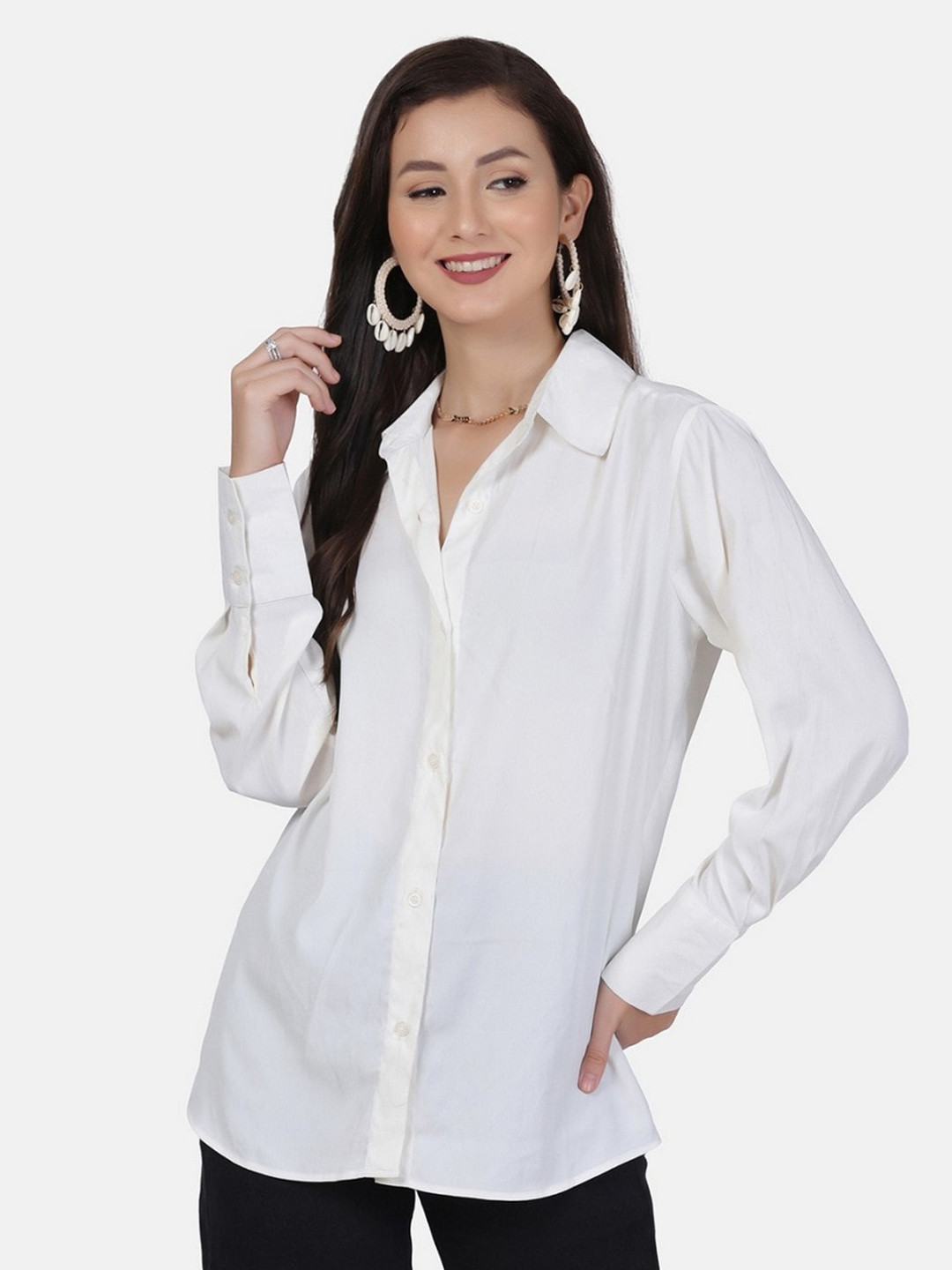 

RIVI Relaxed Oversized Spread Collar Long Sleeves Satin Casual Shirt, White