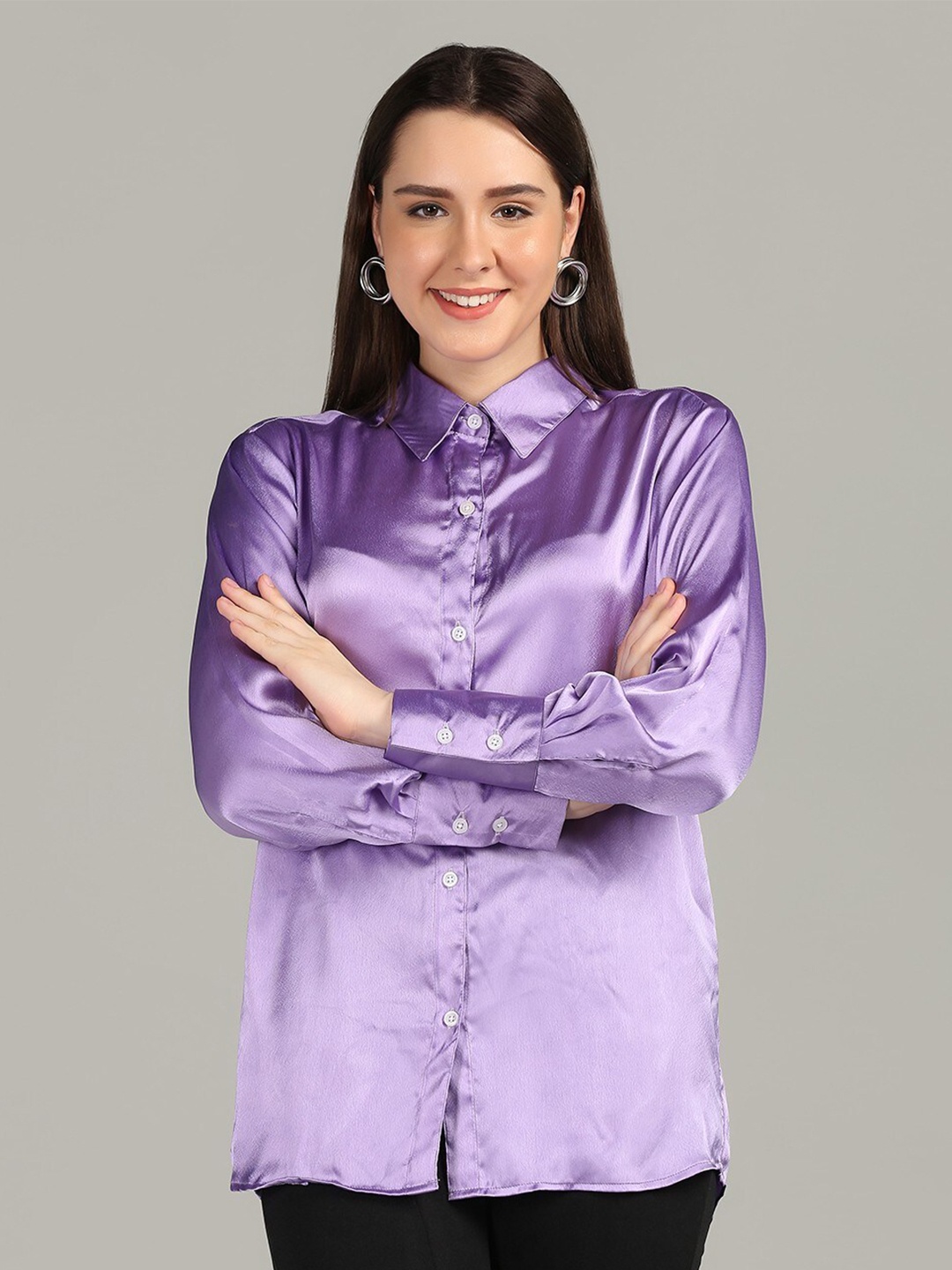 

RIVI Relaxed Oversized Spread Collar Long Sleeves Satin Casual Shirt, Lavender