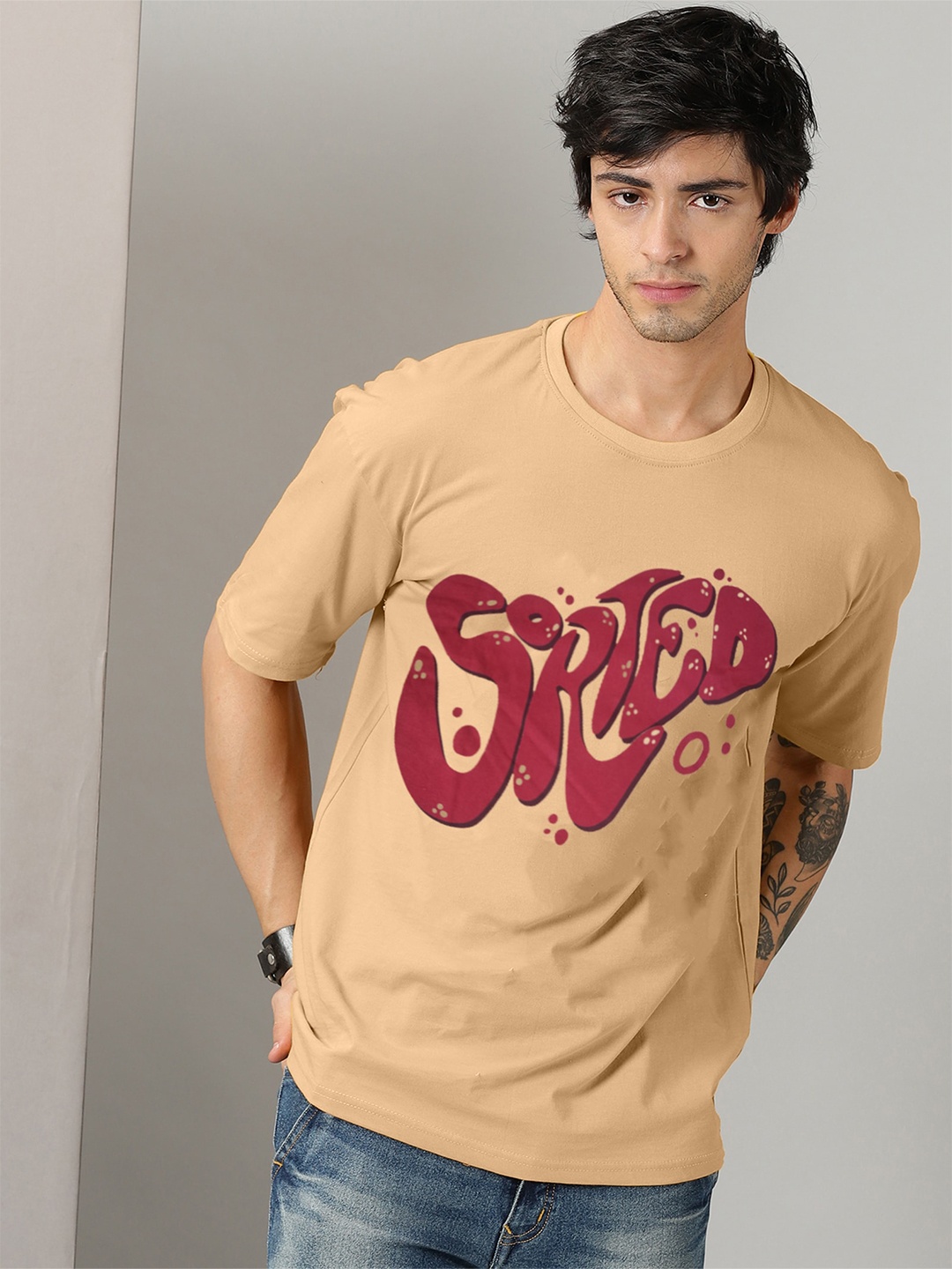 

Rodzen Typography Printed Pure Cotton Oversized T-shirt, Cream