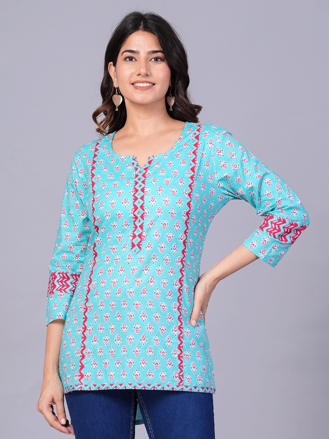 

JAIPURI COLLECTION Ethnic Motifs Printed Cotton High-Low Top, Blue