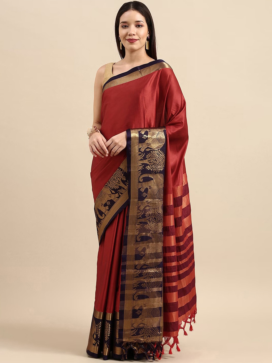 

Mitera Red & Black Zari Silk Cotton Saree