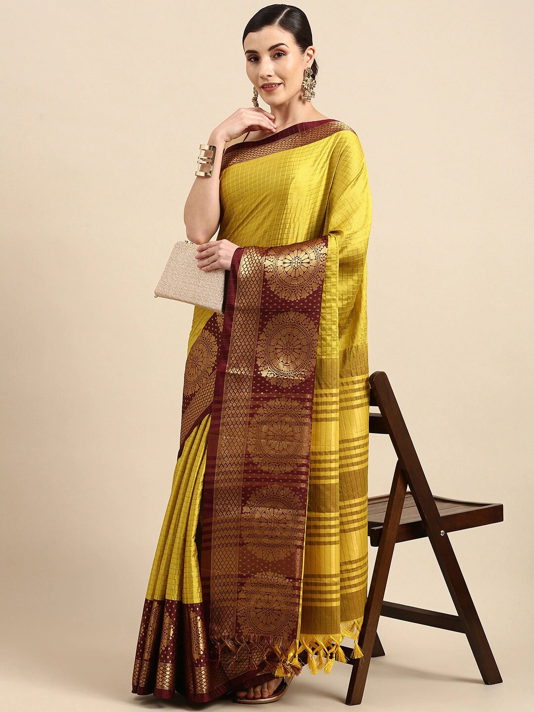 

Mitera Geometric Woven Design Zari Silk Cotton Saree, Yellow