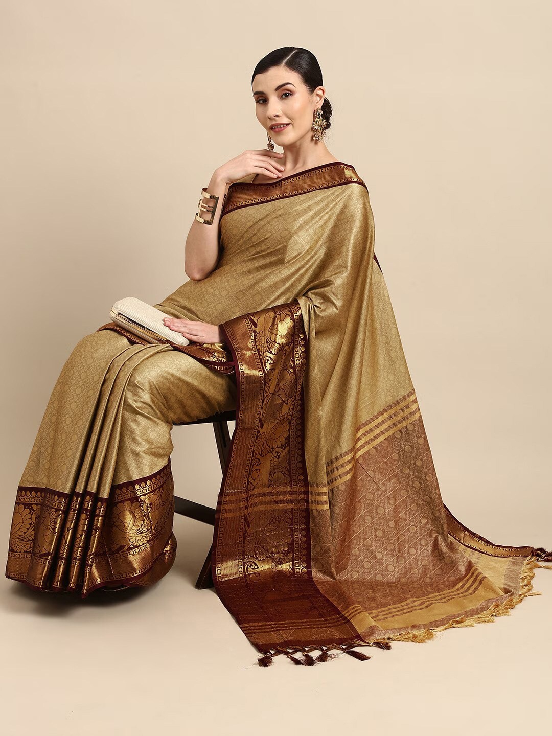 

Mitera Beige & Maroon Zari Silk Cotton Saree