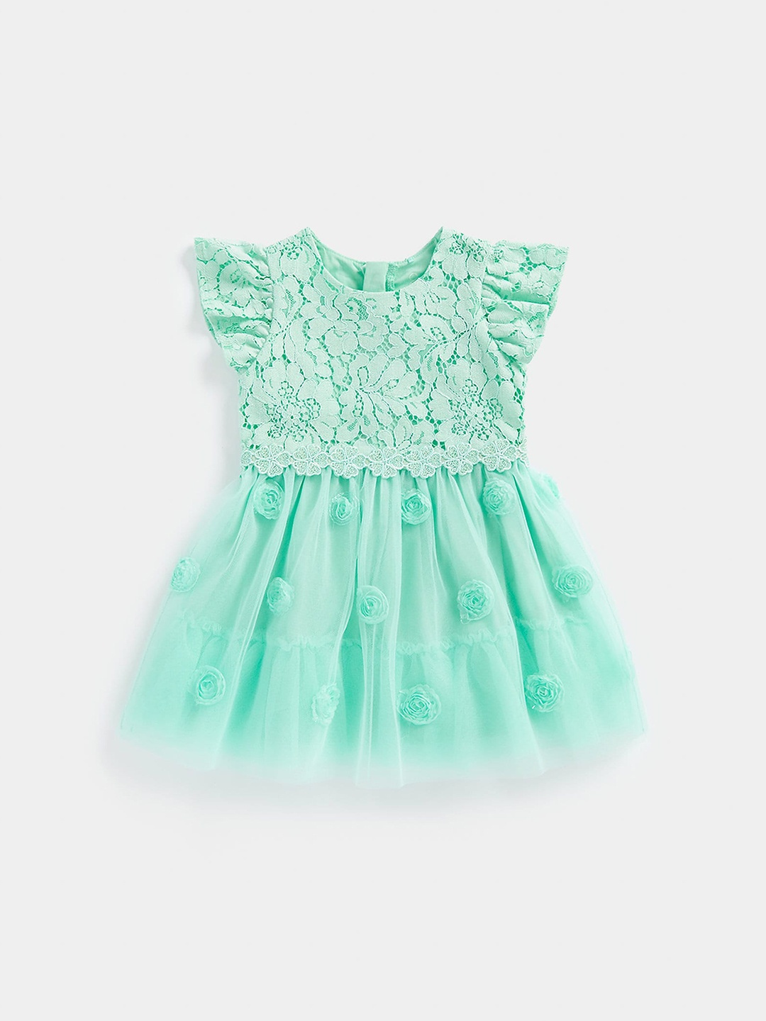 

mothercare Girls Floral Self Design Cotton Flutter Sleeves A-Line Dress, Green