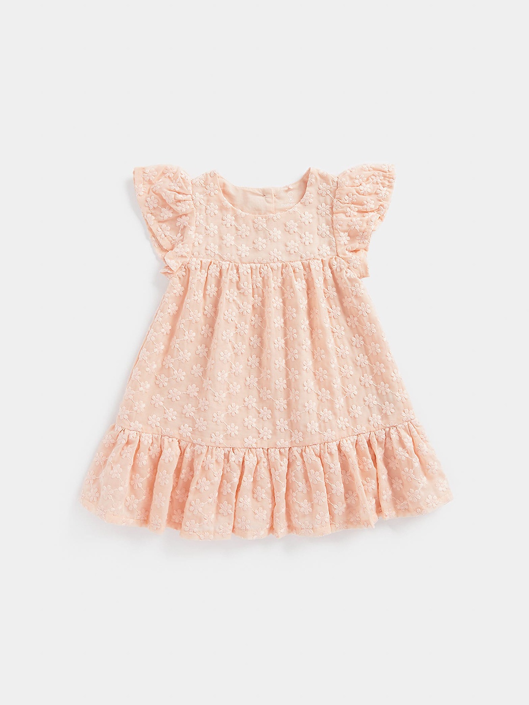 

mothercare Girls Floral Self Design Cotton Flutter Sleeves A-Line Dress, Peach