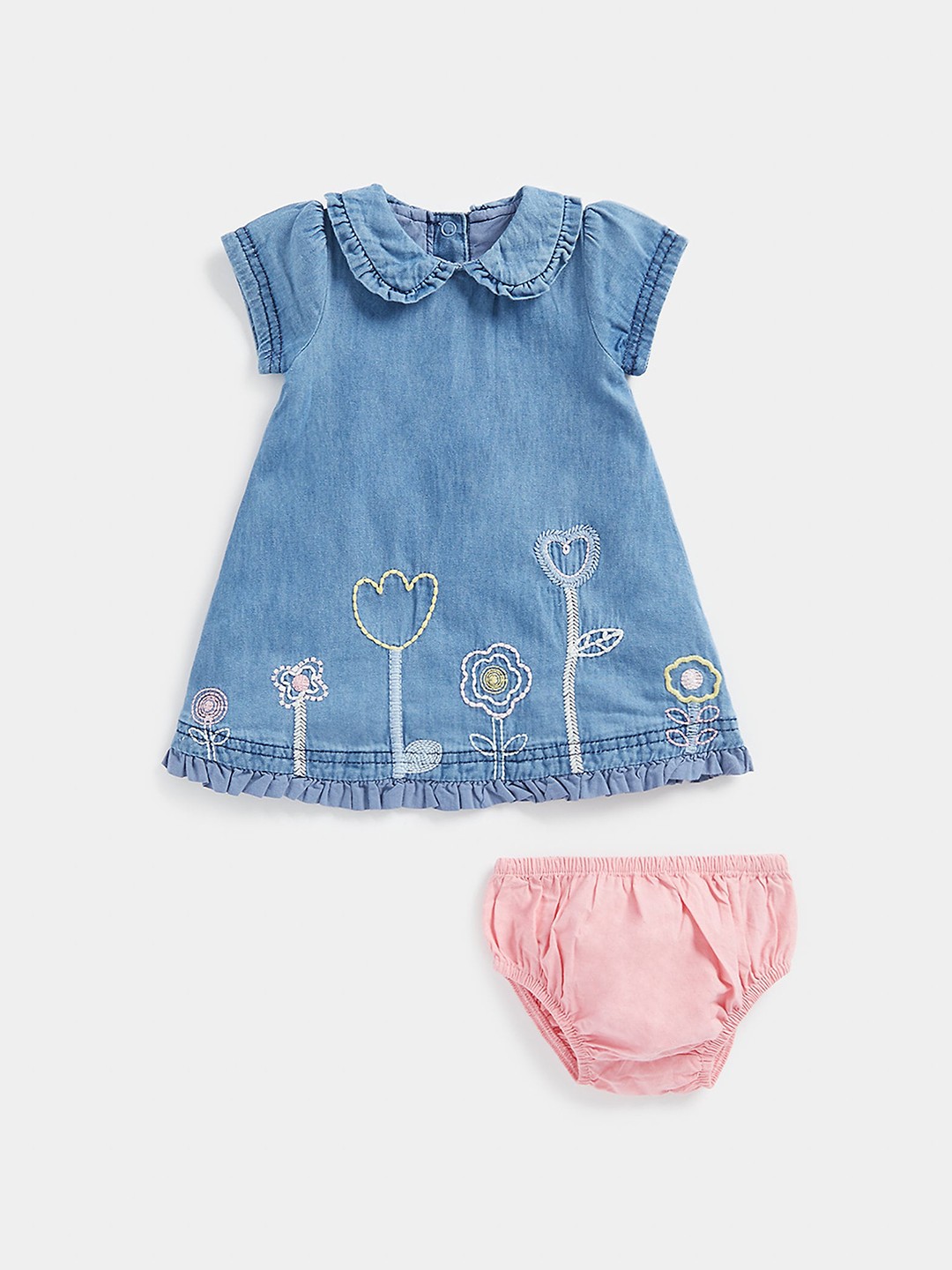 

mothercare Girls Floral Embroidered Cotton Peter Pan Collar A-Line Dress With Brief, Blue