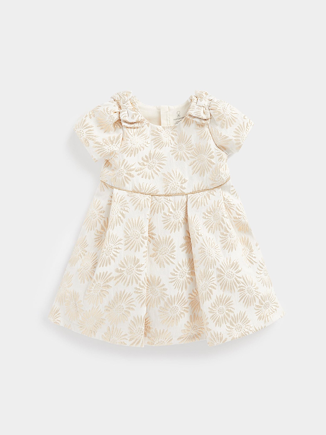 

mothercare Girls Floral Printed Cotton A-Line Dress With Bow Detail, Beige
