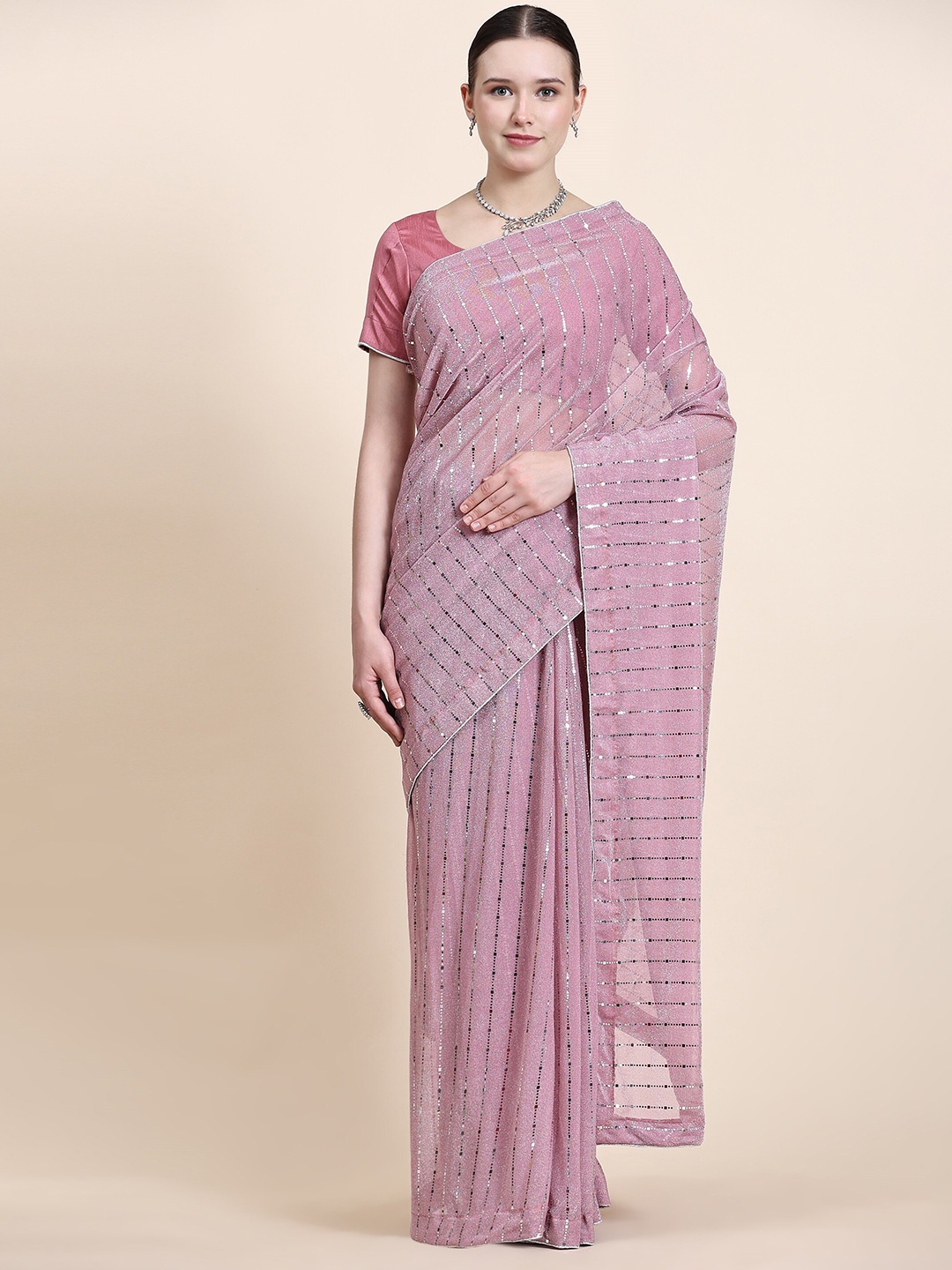

KALINI Embellished Mirror Tikli Work Party Saree, Pink