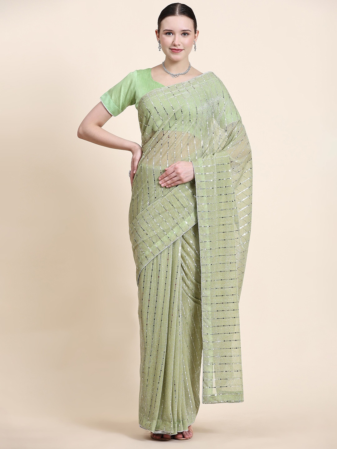

KALINI Embellished Saree, Fluorescent green