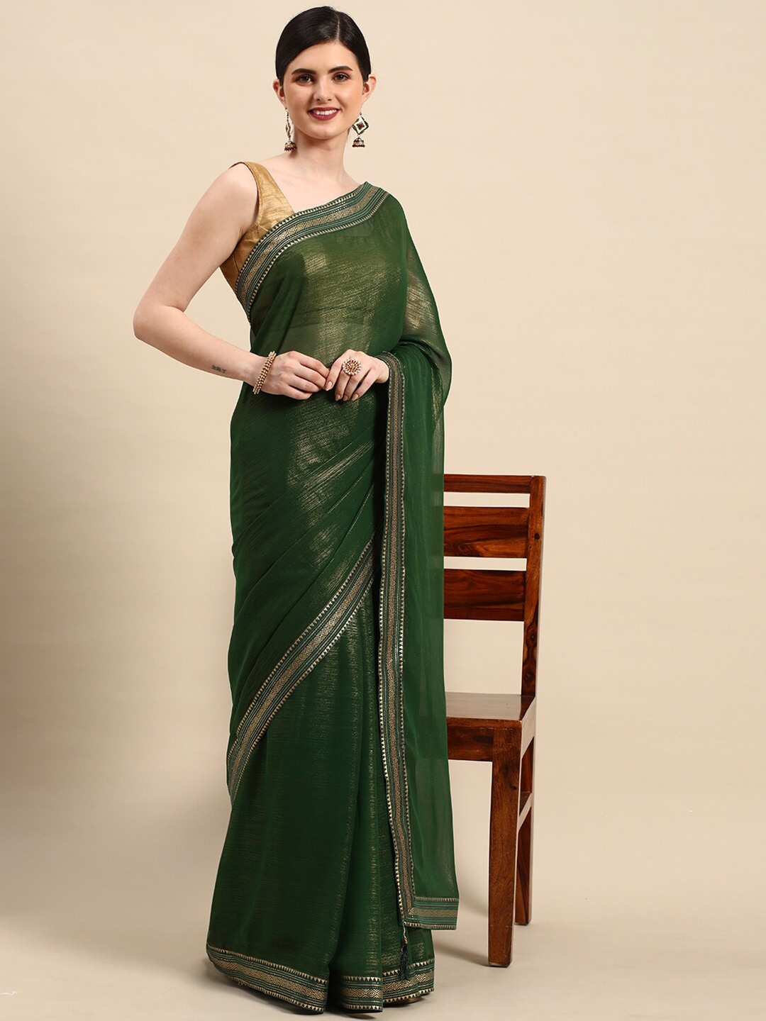 

KALINI Foil Work Zari Chiffon Georgette Saree, Green