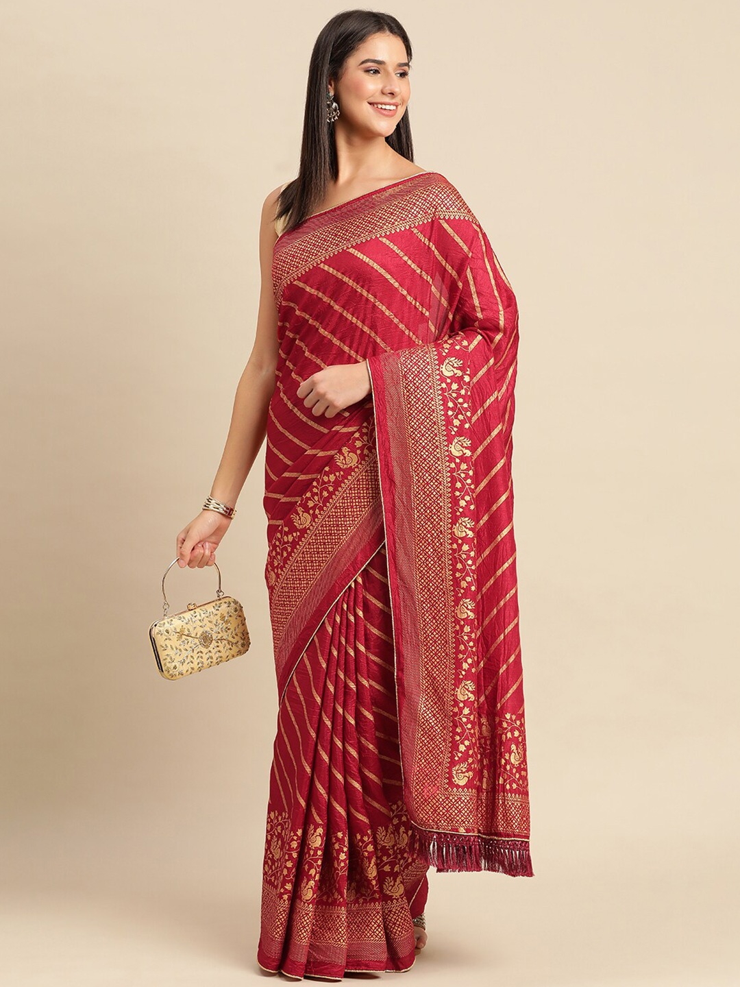 

KALINI Striped Foil Work Vichitra Silk Saree, Maroon