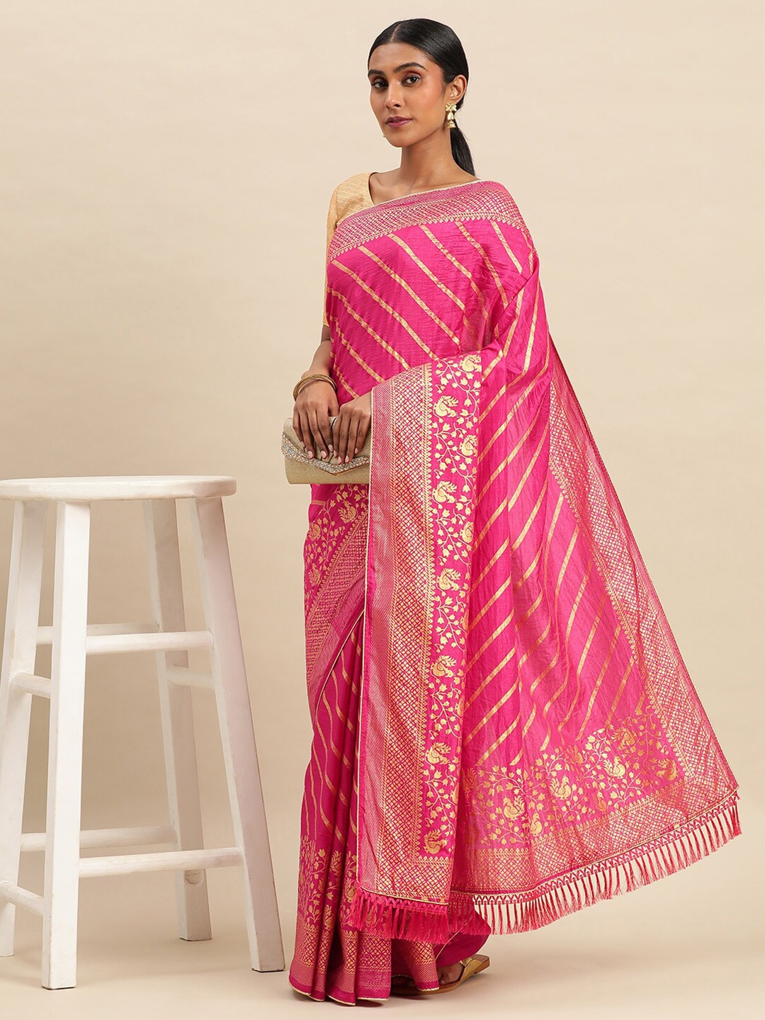 

KALINI Striped Foil Work Vichitra Silk Saree, Pink