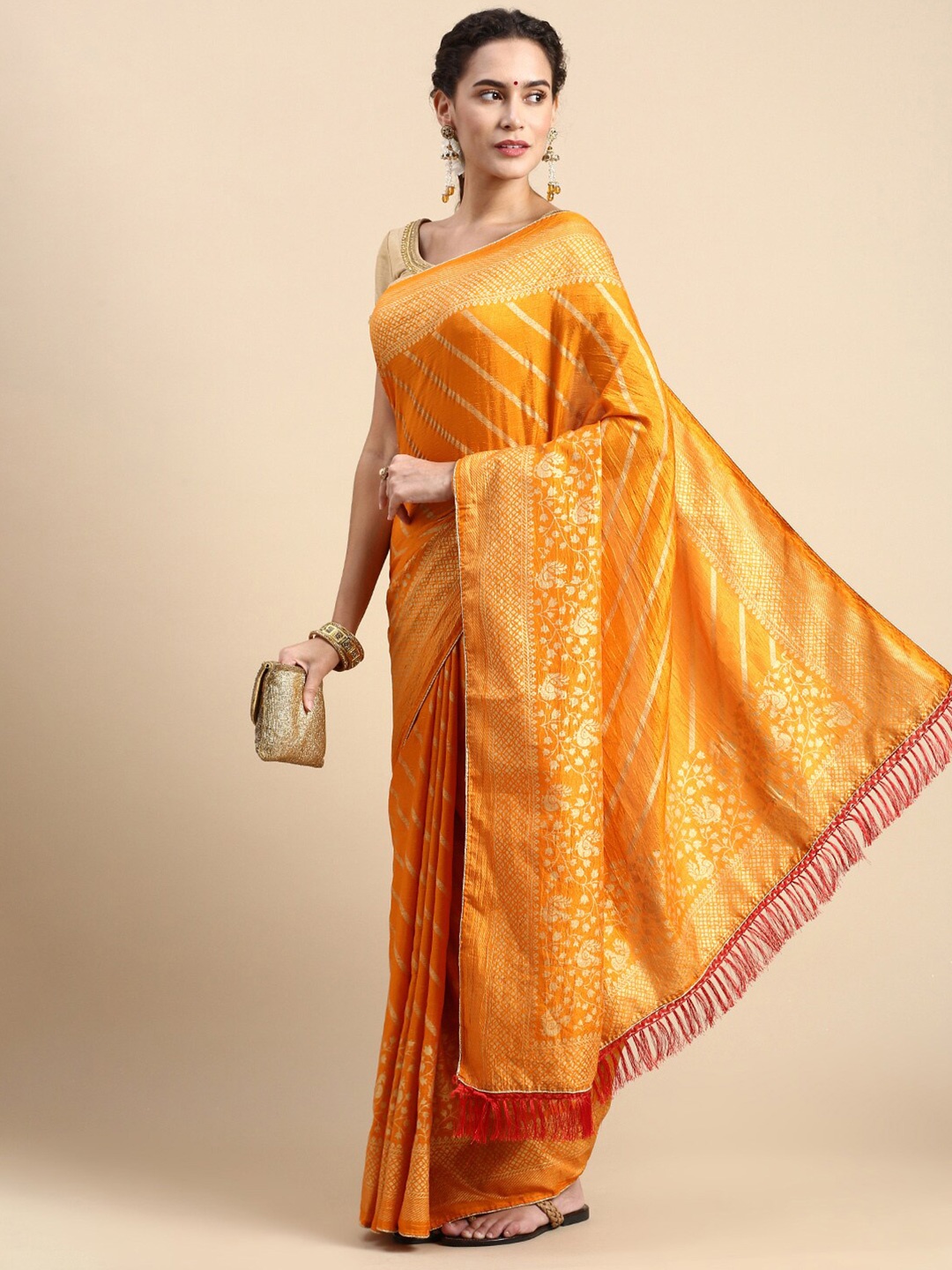 

KALINI Striped Woven Design Border Saree, Yellow